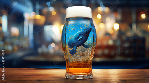 A blue whale swims in a glass of beer. The whale is surrounded by bubbles and the beer is a deep blue color. The whale is swimming towards the top of the glass. photo