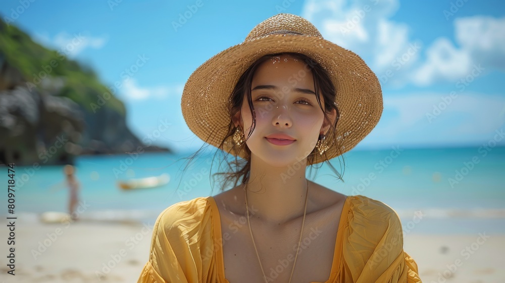beautiful young woman sit relax smile leisure around beach sea ocean on travel vacation trip. 
