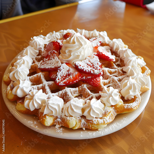 Funnel cake strawberry with whipped cream. (ID: 809719045)