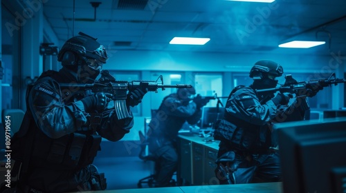 An armed SWAT team storms a darkened office building seized by the army. Soldiers with rifles move forward and cover the surroundings. photo