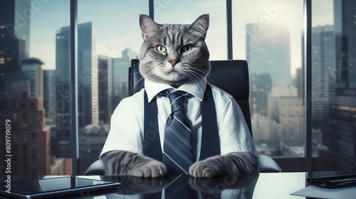 A grey cat wearing a white shirt and tie sits at a desk in an office, looking out the window at the city.