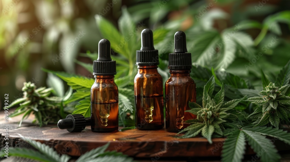 glass dropper bottles of hemp oil surrounded by green hemp leaves, symbolizing natural wellness with room for writing glass dropper bottles of hemp oil surrounded by green hemp leaves, symbolizing natural wellness with room for writing