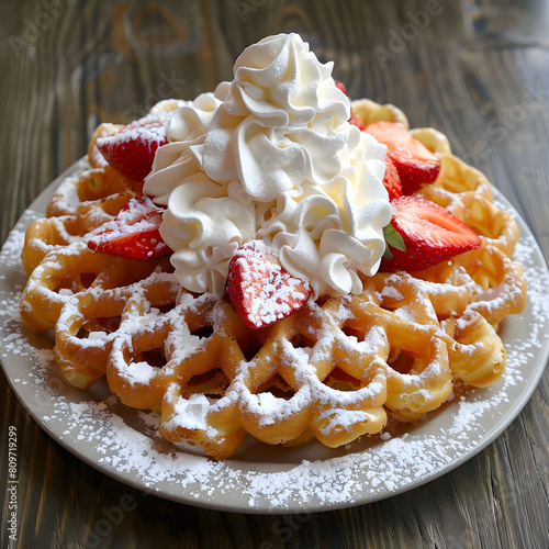 Funnel cake strawberry with whipped cream. (ID: 809719299)