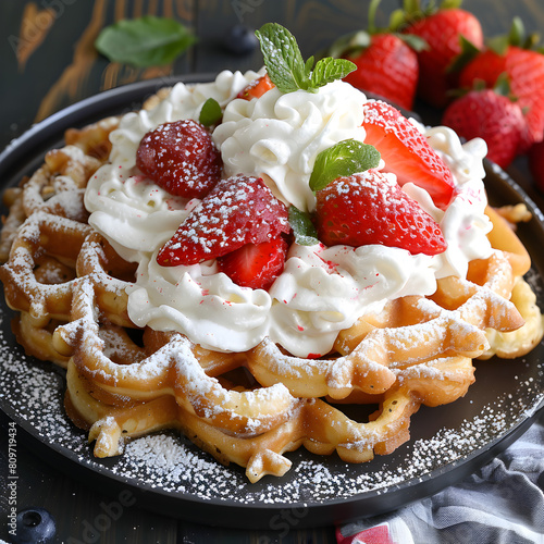 Funnel cake strawberry with whipped cream. (ID: 809719434)