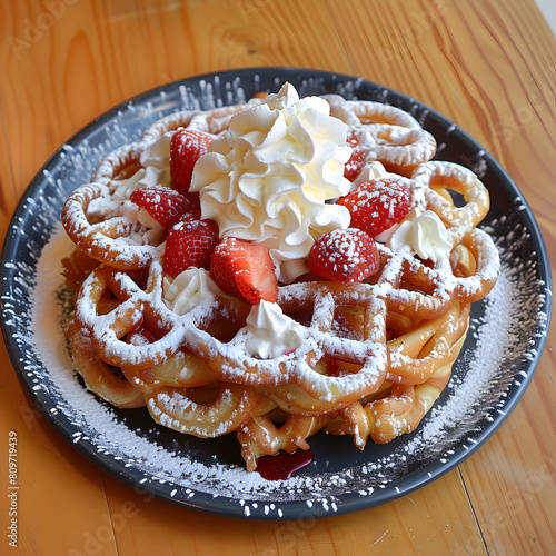 Funnel cake strawberry with whipped cream. (ID: 809719439)