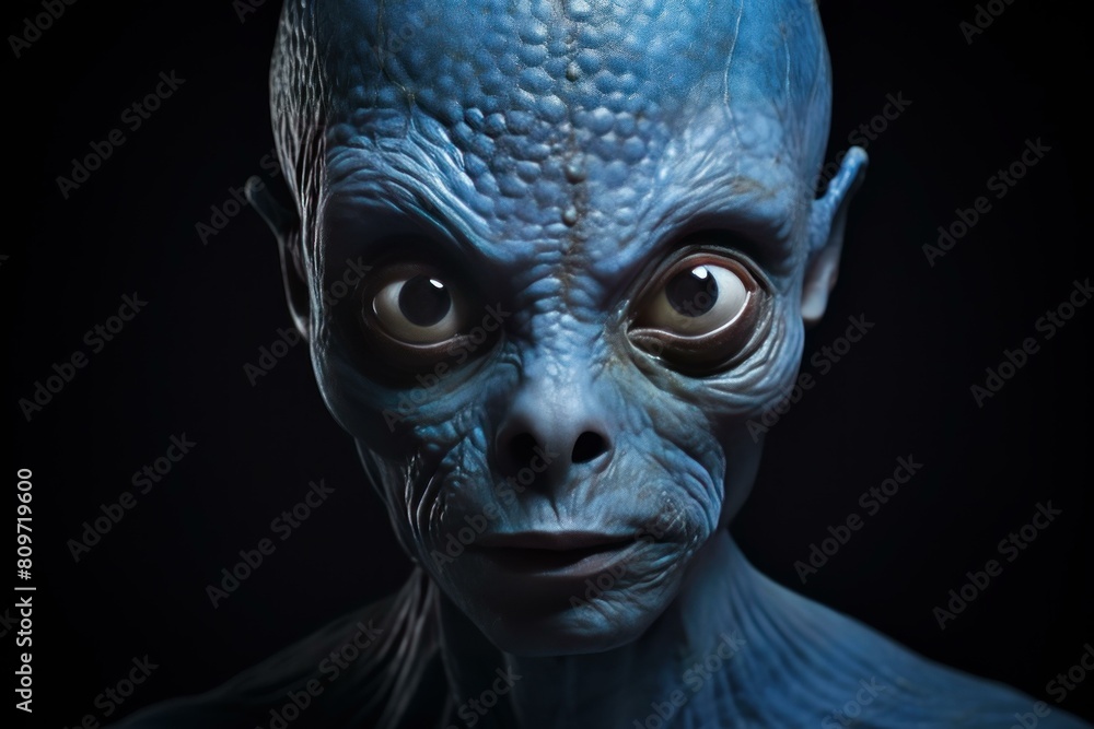 Close-up portrait of a mysterious extraterrestrial alien creature with blue skin and large eyes on a dark background. Showcasing detailed and high-quality makeup and special effects Close-up portrait of a mysterious extraterrestrial alien creature with blue skin and large eyes on a dark background. Showcasing detailed and high-quality makeup and special effects