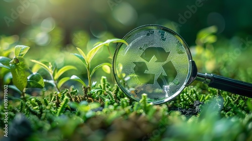 Global warming idea and a magnifying glass with a carbon sign reducing CO2 emissions on a green backdrop, Generative AI.