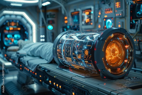 This scene depicts a futuristic cryogenic sleep chamber with a body inside, surrounded by digital interfaces and high-tech ambiance photo