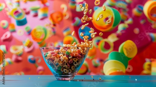 Colorful backdrop with a spinning bowl of cereal in motion