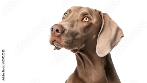 Cute playful doggy or pet is playing and looking happy isolated on transparent background. Brown weimaraner young dog is posing. Cute  happy crazy dog headshot smiling on transparent  png