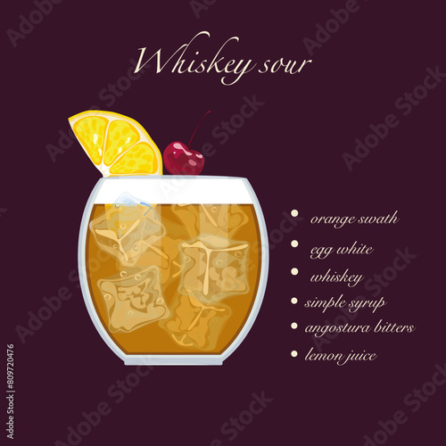 Whiskey sour cocktail isolated on cherry background. Orange. Retro party, Vector illustration, new drink menu.