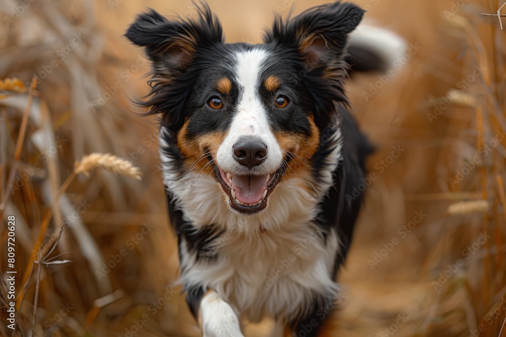 An adorable and happy Border Collie dog with a joyful expression, surrounded by the golden tones of nature