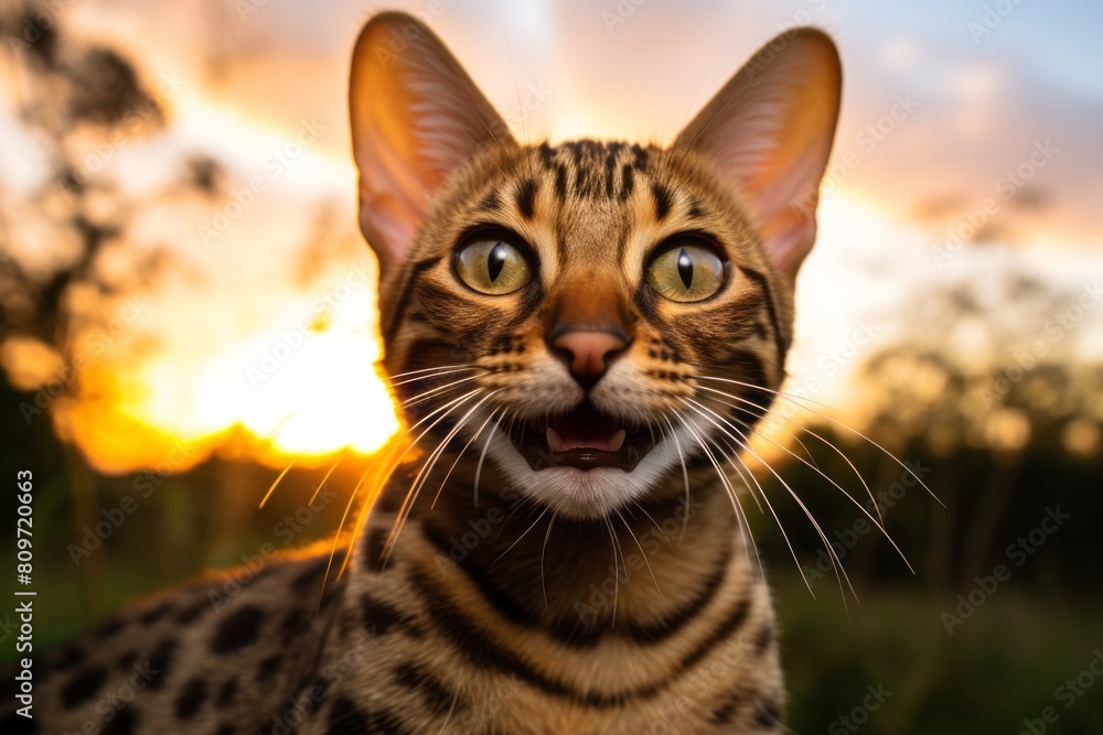 Close-up portrait photography of a smiling ocicat eating while standing against captivating sunset Close-up portrait photography of a smiling ocicat eating while standing against captivating sunset