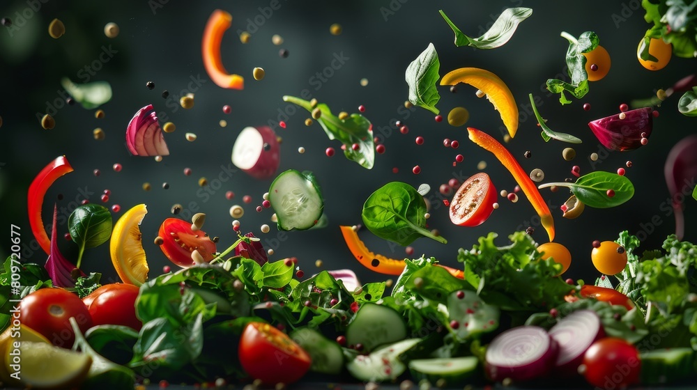 Conceptual depiction of spinning salad ingredients forming a palette, symbolizing creativity Conceptual depiction of spinning salad ingredients forming a palette, symbolizing creativity