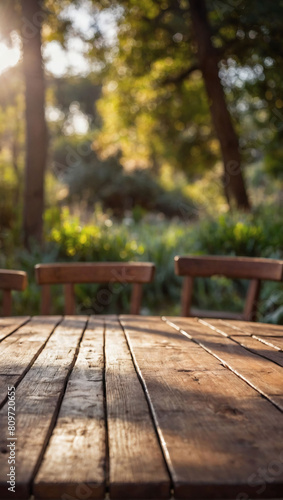 Sunny Retreat, Sturdy Wooden Table, Blurred Garden Backdrop