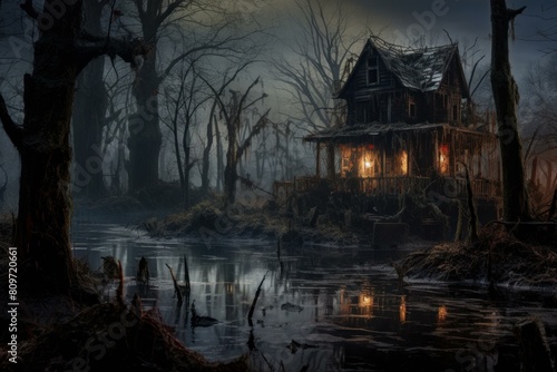 Haunted Scary house night. House night. Generate Ai
