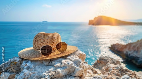 A straw hat and sunglasses rest on a rock by the ocean  offering a scenic view of the water  sky  and horizon. A perfect spot for leisure and travel AIG50