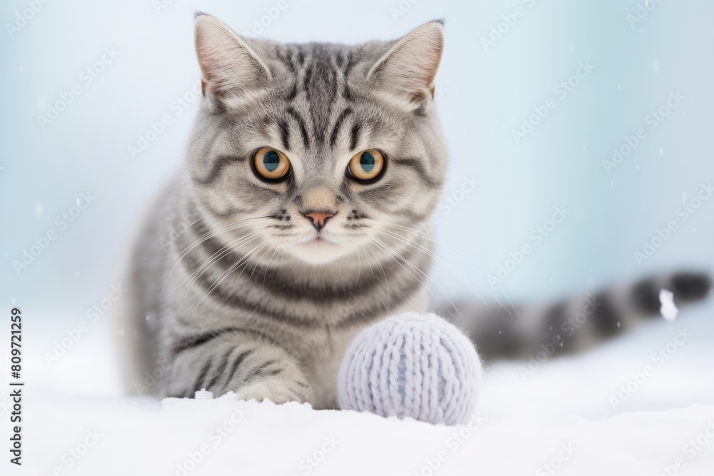 Studio portrait photography of a curious american shorthair cat playing with ball of wool while standing against snowy winter scene Studio portrait photography of a curious american shorthair cat playing with ball of wool while standing against snowy winter scene