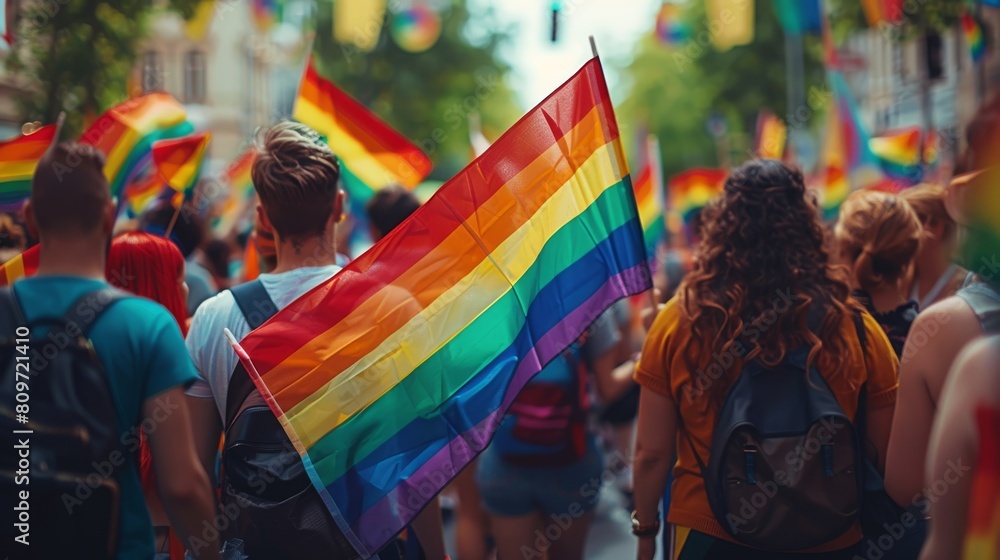 crowd waving rainbow flags at the gay pride parade pride day crowd waving rainbow flags at the gay pride parade pride day