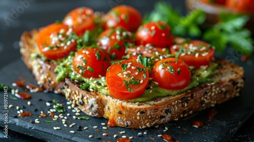 healthy breakfast ideas, avocado toast topped with cherry tomatoes and sesame seeds, a healthy and satisfying choice for your next meal