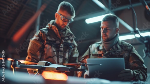 Uniformed Aviation Experts Talk Using Laptops. Uniformed Aerospace Engineers Work on Unmanned Aerial Vehicle. Industrial Facility with Aircraft for Air Strike, Surveillance, and Warfare Tactics. photo