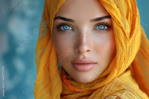 A portrait of a woman with vivid blue eyes and a yellow hijab, capturing her serene and beautiful gaze photo