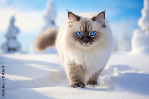 Full-length portrait photography of a curious ragdoll cat playing isolated in snowy winter scene
