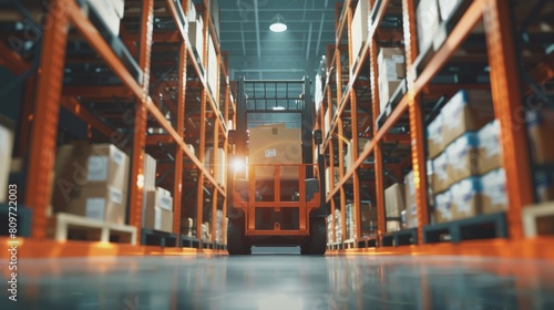 Across a huge retail warehouse shelf, an electric forklift truck operator is lifting a pallet with a cardboard box. Let's look at the logistics product and goods delivery and distribution center from photo