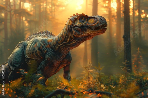 This image captures a predator dinosaur in exquisite detail  bathed in the golden light of a prehistoric forest