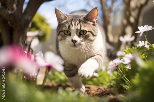 Environmental portrait photography of a funny american shorthair cat sprinting over blooming spring garden