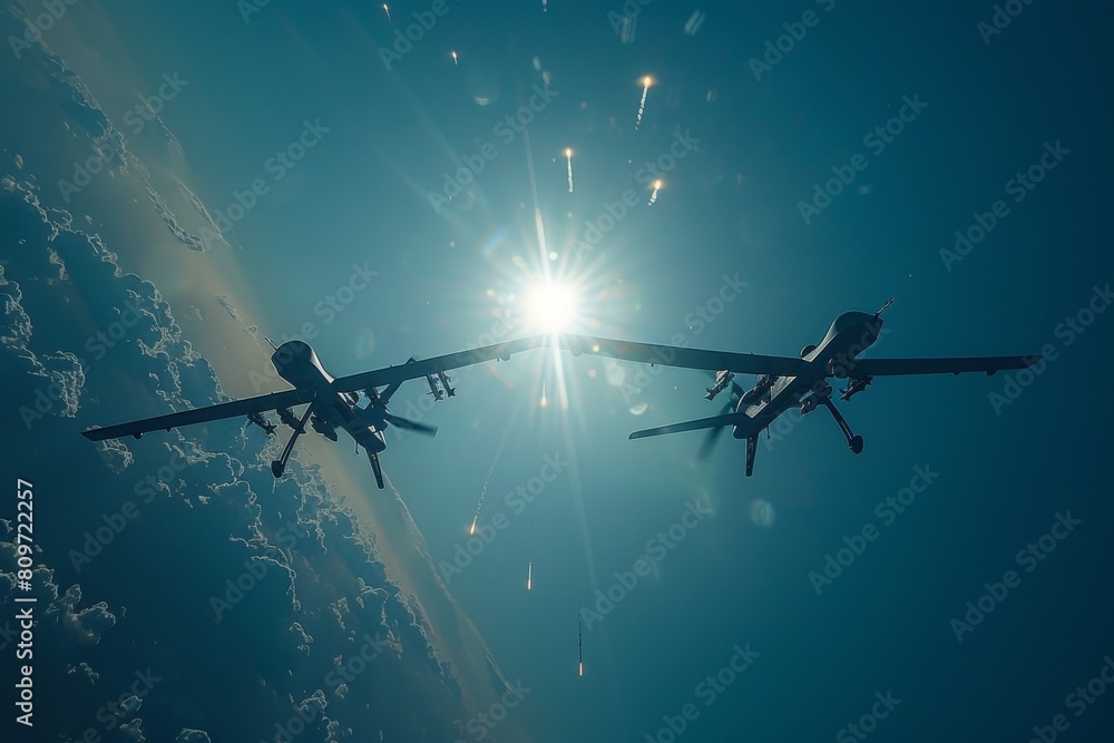 Naklejka premium Two silhouetted drones in flight, caught against the blinding sun, symbolizing the futuristic and strategic aspects of modern warfare