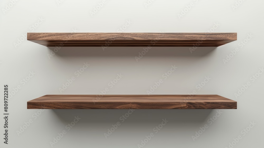Rich dark walnut shelves presented on a minimalist light grey background, emphasizing their luxurious and sturdy build Rich dark walnut shelves presented on a minimalist light grey background, emphasizing their luxurious and sturdy build