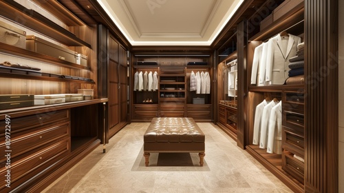 Spacious walk-in wardrobe crafted from rich walnut wood, complemented by soft beige walls for a warm, inviting atmosphere © Wimon
