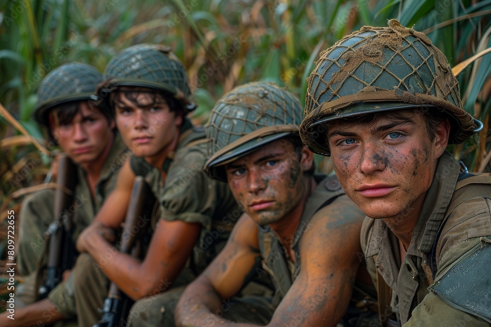 A squad of young soldiers with focused expressions in a tactical outdoor environment A squad of young soldiers with focused expressions in a tactical outdoor environment