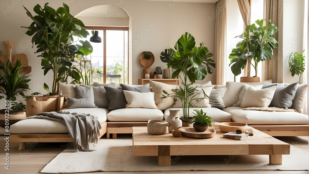 Warm, inviting living room filled with lush greenery, natural wood furniture, and soft textiles for a serene indoor oasis