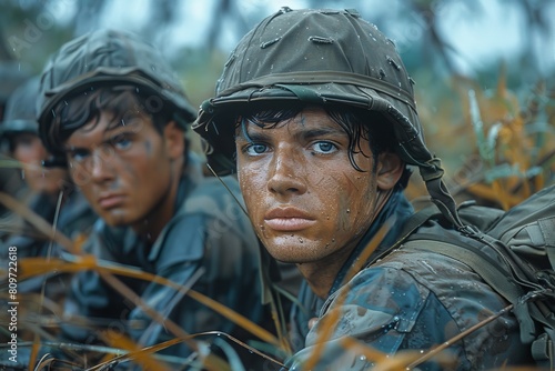 Soldier with helmet looks on intently amidst the rain, displaying concentration and readiness