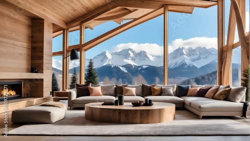 A cozy, modern cabin living room with a warm fireplace and breathtaking mountain view through large windows Comfort meets rustic elegance © Heruvim