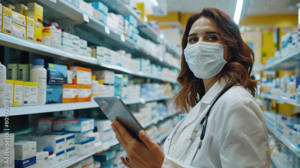 Stunning Photograph of Beautiful Pharmacist Wearing Face Mask Using Digital Tablet Computer, Smiling Charmingly, Standing Behind Shelves Full of Medicine Packages. Side View.