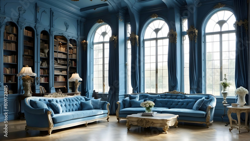 This luxurious image reflects a grand library with plush blue sofas and antique gold elements fit for a classic  opulent mansion