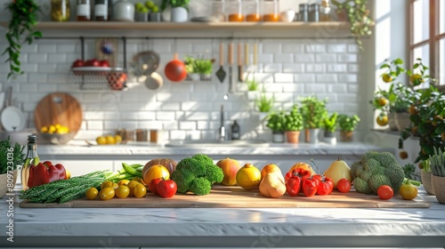 promote a healthy lifestyle with a table full of fresh produce in a clean, minimalist kitchen for a wellness-themed design