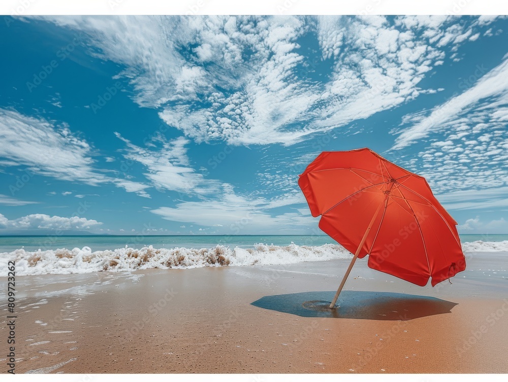 Beach umbrella at summer under the sun at sunny day, red
