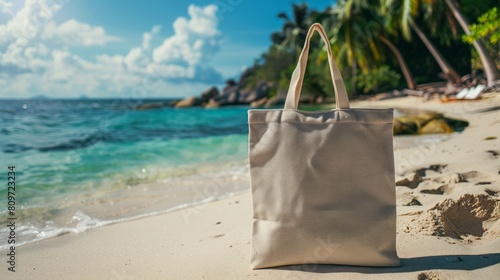 Paper - wicker reusable bag on White sand beach with clear turquoise water and palm on background.