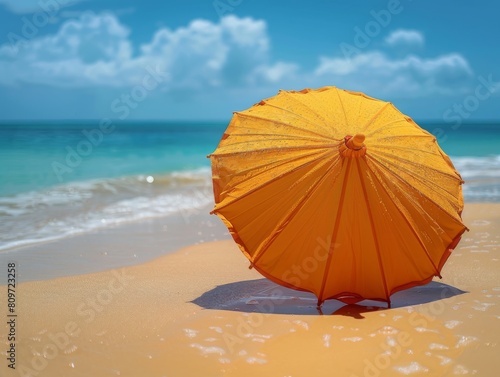 Beach umbrella at summer under the sun at sunny day, orange, yellow