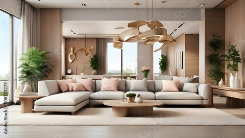 A plush living room exuding luxury, with a white corner sofa, golden sculptures, and plush finishes © Heruvim