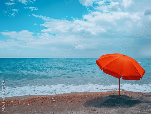 Beach umbrella at summer under the sun at sunny day, red