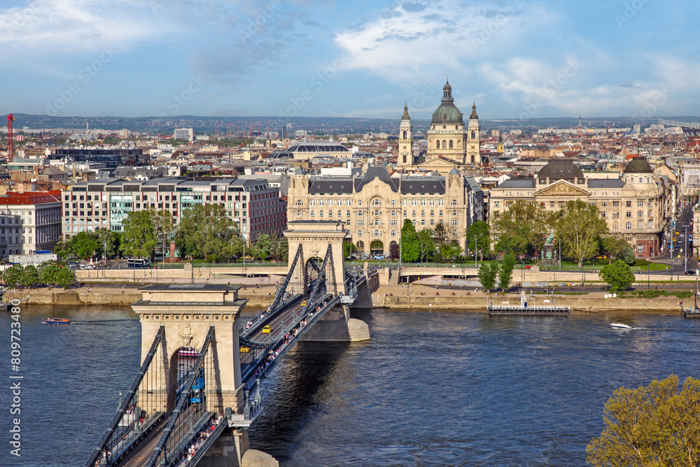 Panoramic view of Buda city as seen from Pest, with the chain bridge over Danube river and the cathedral of Saint Stephen, in Budapest, Hungary, Europe. 
