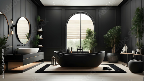 A striking bathroom design with dark walls, a black freestanding tub, and thoughtful lighting creating a dramatic and luxurious feel