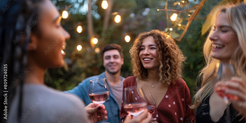 Group of friends with obscured faces toasting wine glasses in a festive outdoor gathering with warm lights