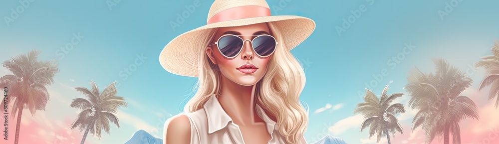 Vacation Vibes: Woman with Straw Hat and Sunglasses Relaxing by Palm Trees on a Sunny Day