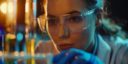 Intense female scientist concentrating on research with test tubes in a modern laboratory setting